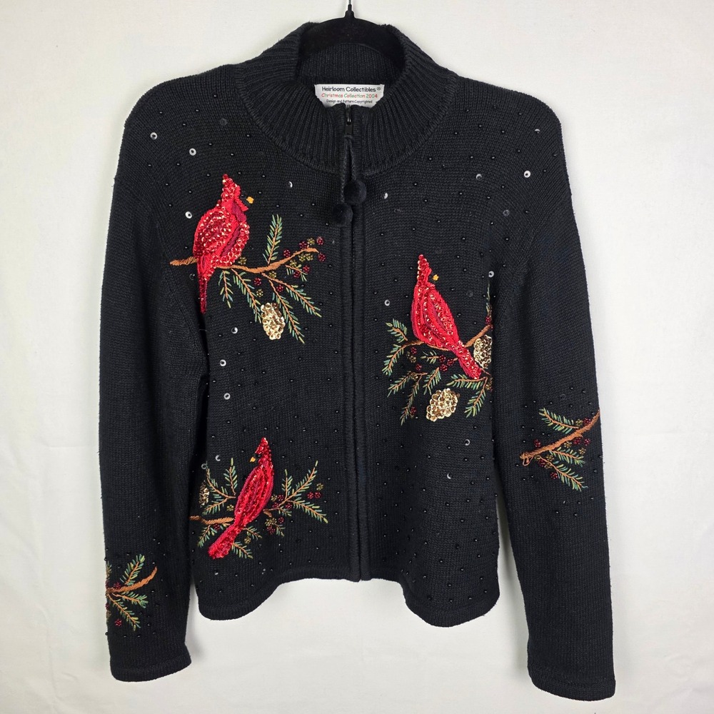 Heirloom‎ Collectibles Christmas Cardigan Black Red Cardinal Sequin Embellished